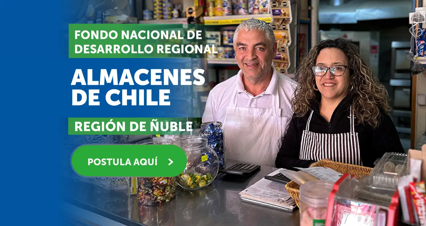 Fondo Nacional de Desarrollo Regional - Almacenes de Chile - Región Ñuble - Botón: Postula aquí (Se abre en la misma pestaña)